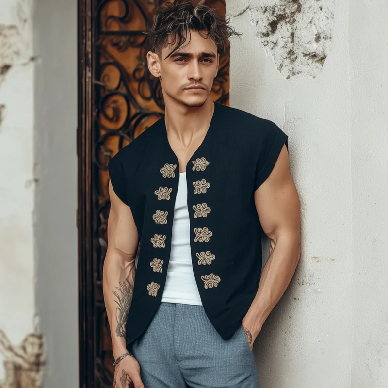 Marc | Men'S Vintage Embroidered Cotton Blended Collarless Loose Short Sleeve Shirt Cardigan - Image 3