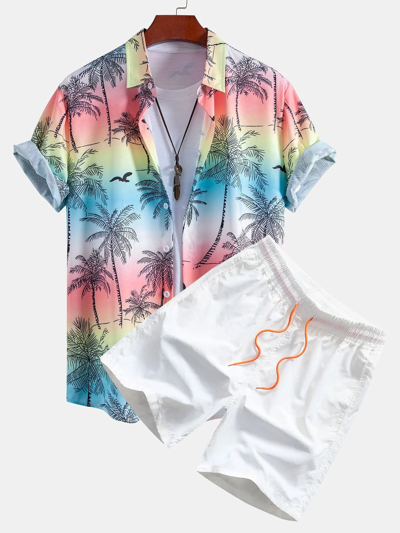 Marcelino® | Palm Tree Seagull Print Button Up Shirt & Man Mid Length Drawstring Swim Shorts - Image 3