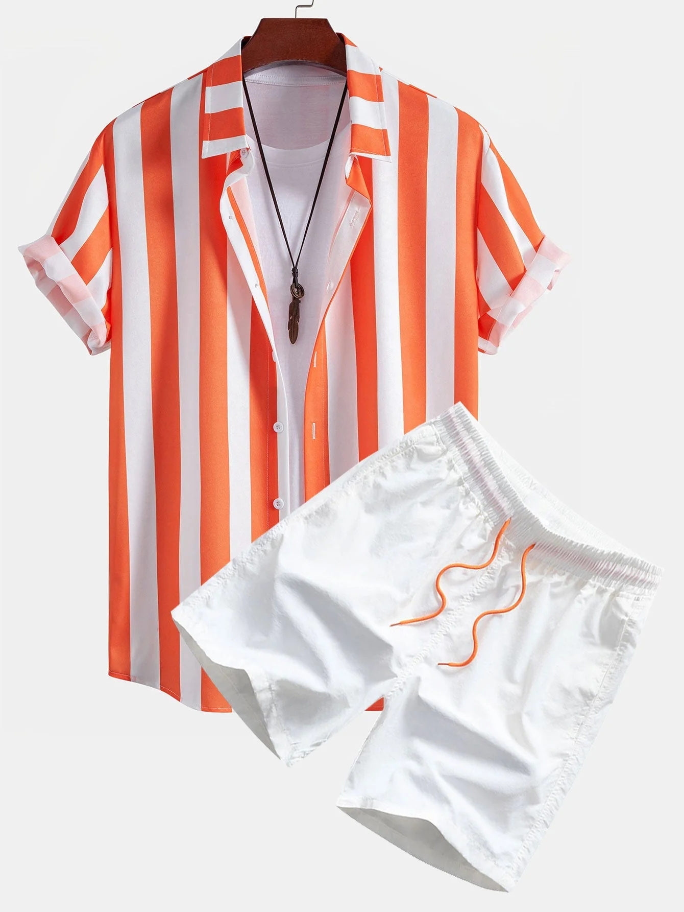 Marcelo® | Stripe Print Button Up Shirt & Man Mid Length Drawstring Swim Shorts - Image 2