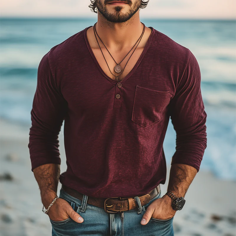 Marcelo | Men'S Basic Deep V Neck Cotton Solid Color Long Sleeve T-Shirt - Image 2