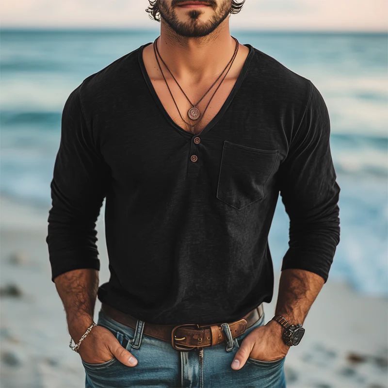 Marcelo | Men'S Basic Deep V Neck Cotton Solid Color Long Sleeve T-Shirt - Image 3
