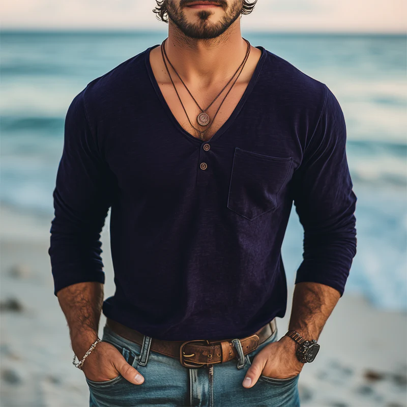 Marcelo | Men'S Basic Deep V Neck Cotton Solid Color Long Sleeve T-Shirt - Image 4