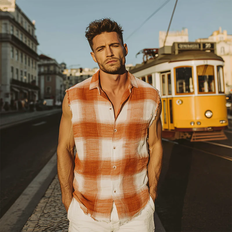 Marcelo | Men'S Spring And Summer Fashion Casual Contrast Plaid Cotton Blended Sleeveless Shirt - Image 3