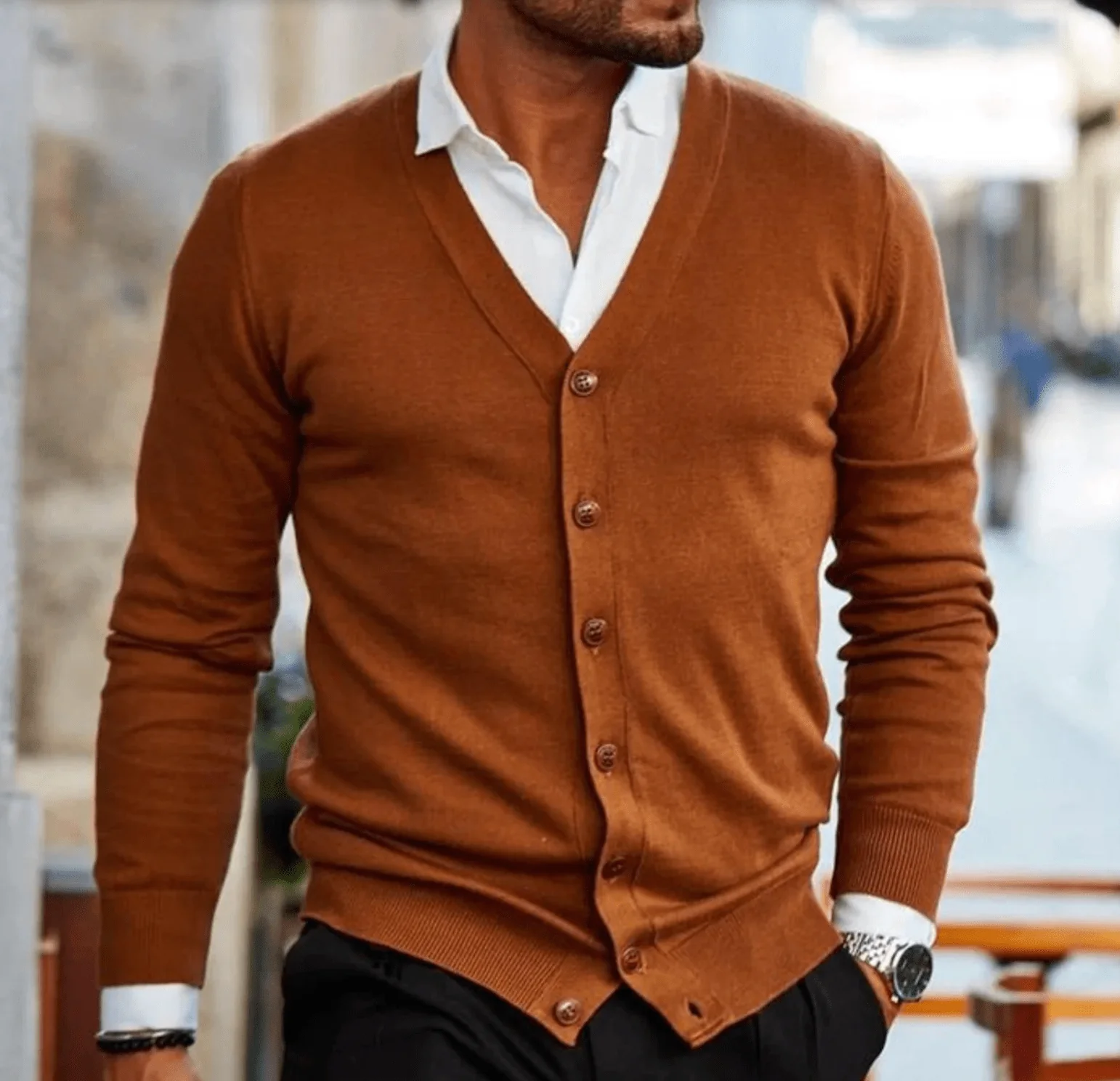 Marcial® | Men’s Camel Cardigan With V Neck - Image 2