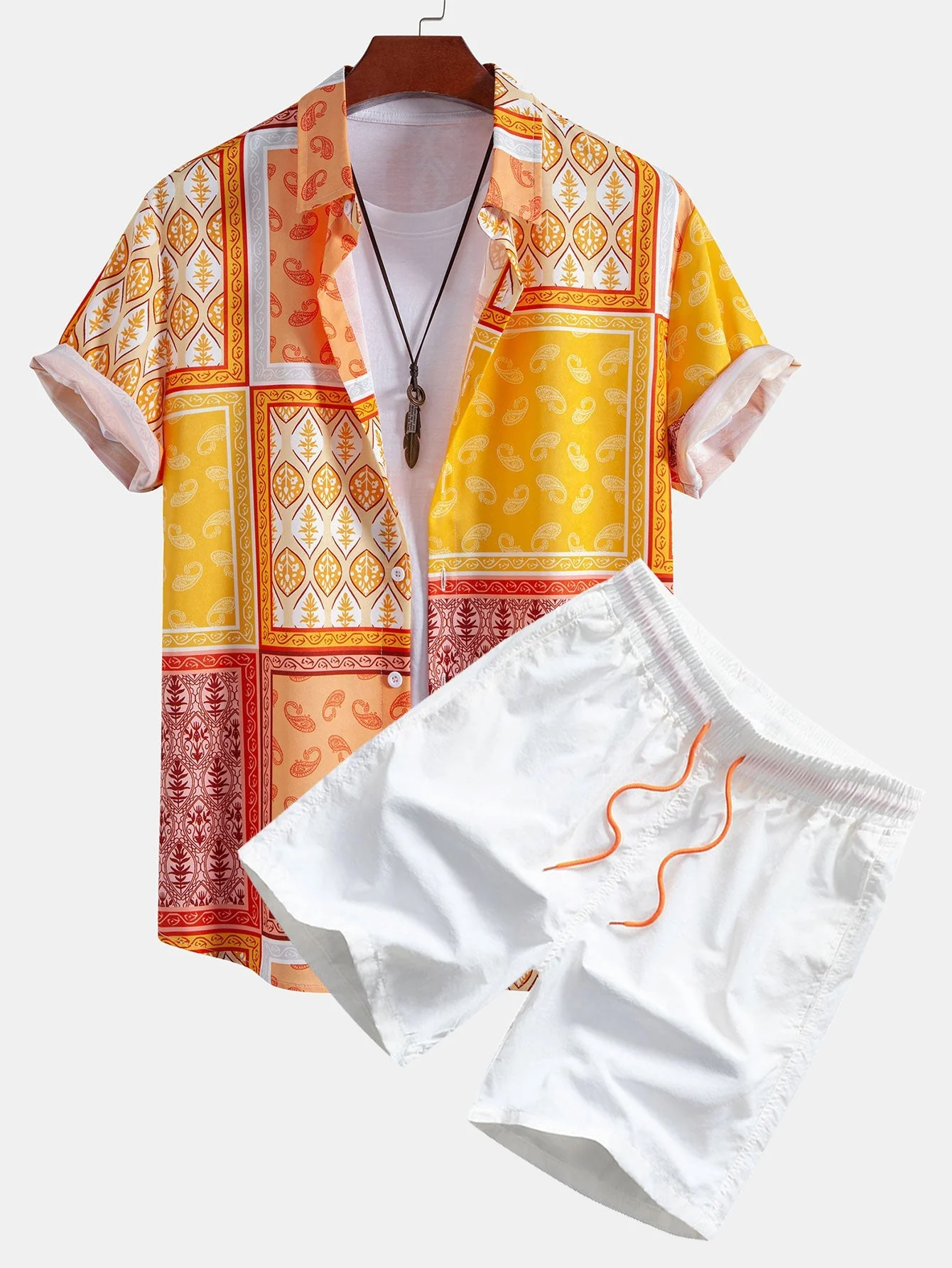 Marcial® | Paisley Border Button Up Shirt & Man Mid Length Drawstring Swim Shorts - Image 2
