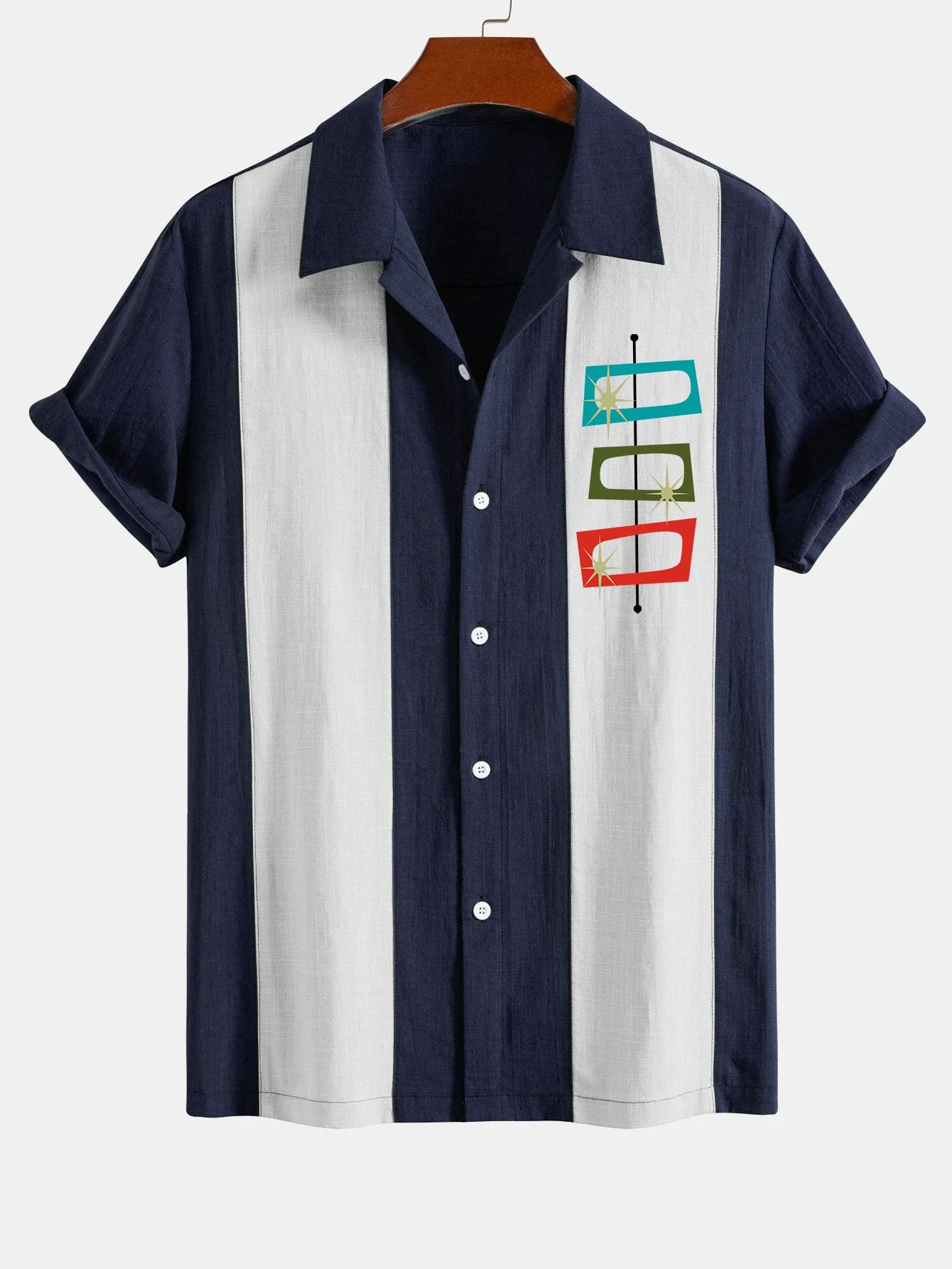 Marco® | Atomic Print Linen Look Patchwork Bowling Shirt - Image 3