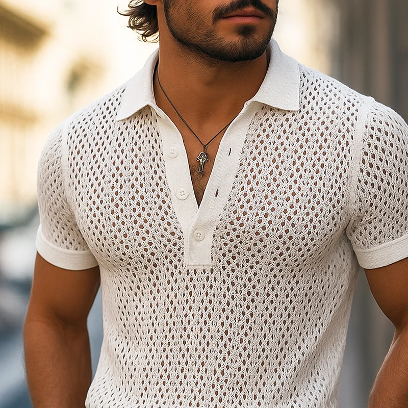 Marco | Men'S Solid Hollow Out Plaid Knit Lapel Short Sleeve Polo Shirt - Image 4