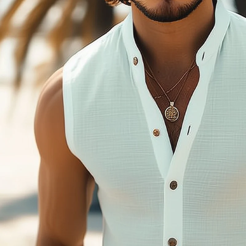 Marcus | Men'S Summer Basic Stand Collar Texture Sleeveless Shirt - Image 4