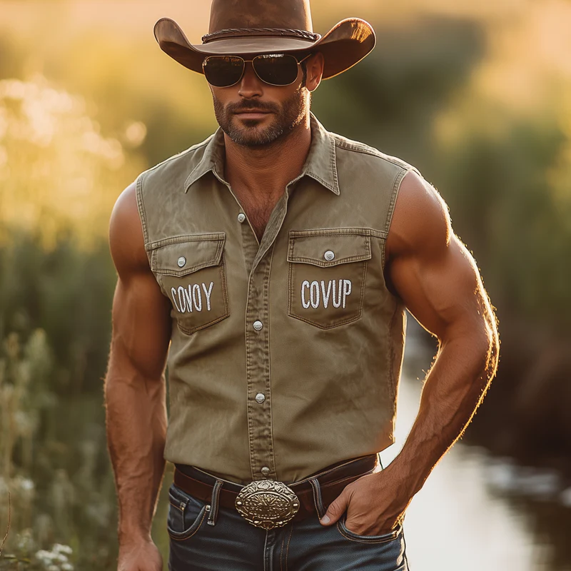 Marcus | Men'S Western Style Letter Embroidered Denim Sleeveless Shirt - Image 3