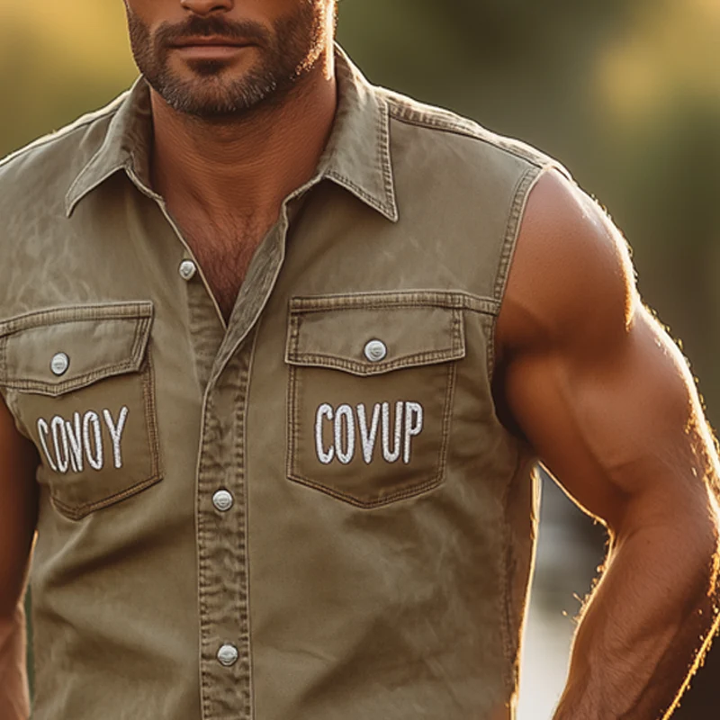 Marcus | Men'S Western Style Letter Embroidered Denim Sleeveless Shirt - Image 4