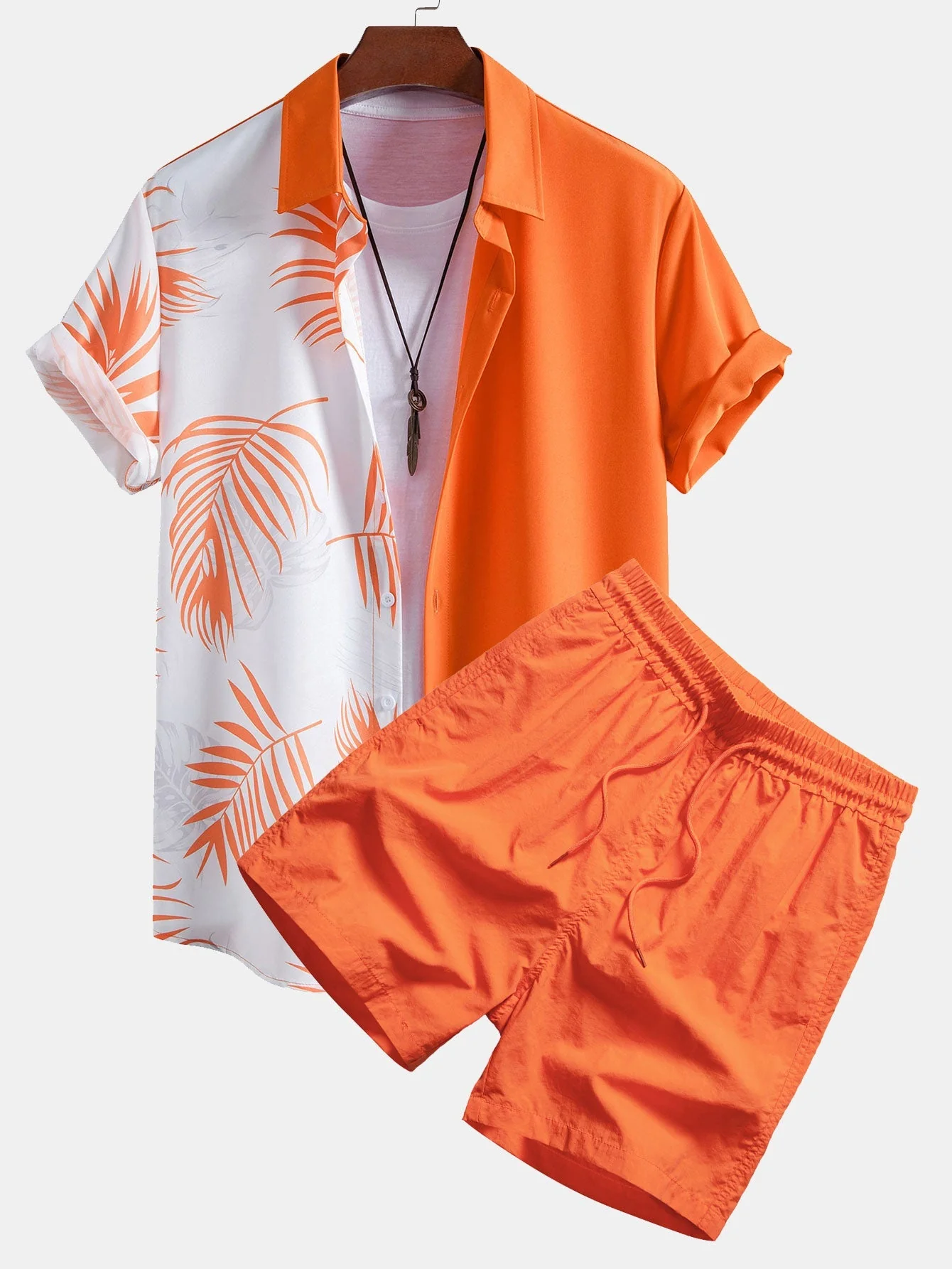 Mariano® | Leaf Print Patchwork Button Up Shirt & Man Mid Length Drawstring Swim Shorts - Image 2