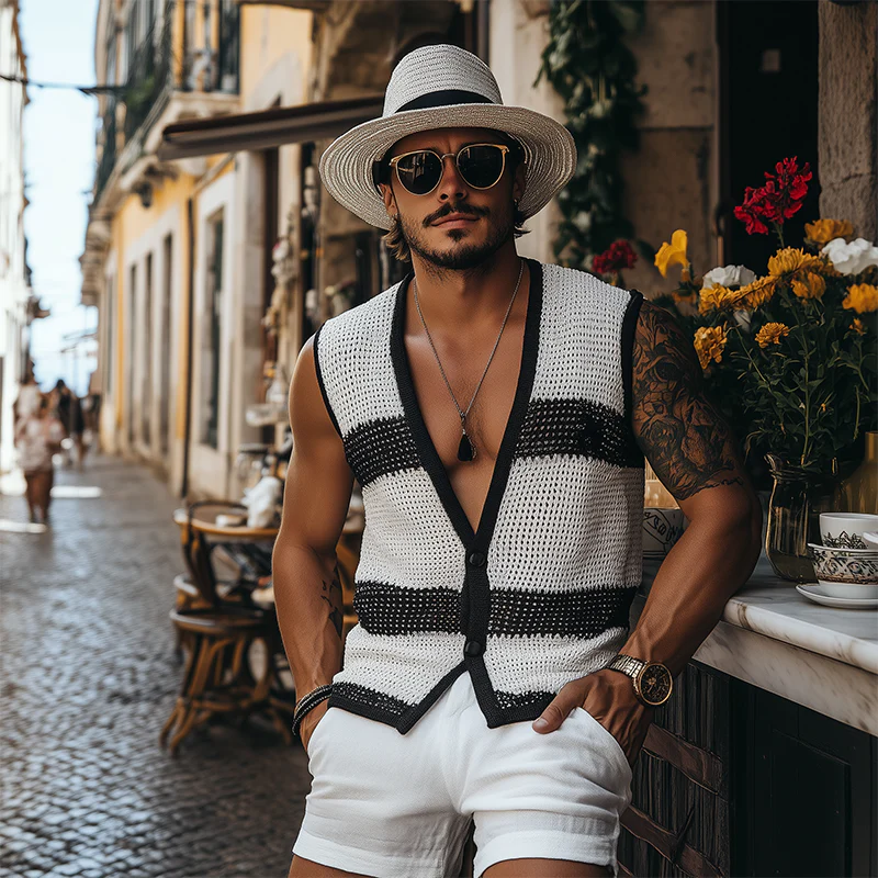 Martin | Men'S Summer Fashion Casual Black And White Horizontal Striped Deep V-Neck Knitted Vest - Image 3