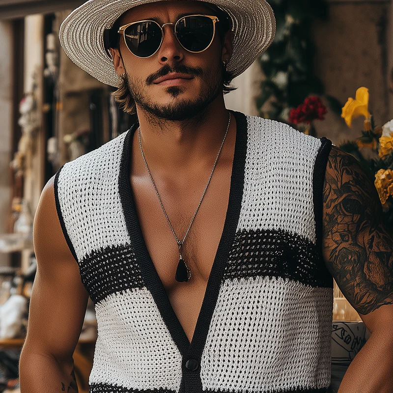 Martin | Men'S Summer Fashion Casual Black And White Horizontal Striped Deep V-Neck Knitted Vest - Image 4