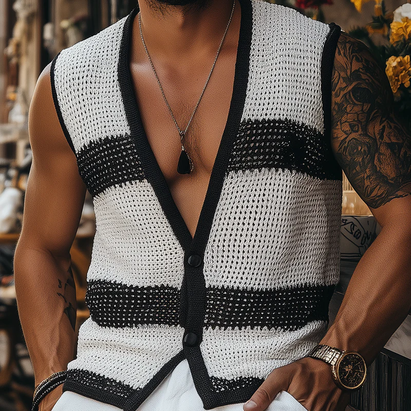 Martin | Men'S Summer Fashion Casual Black And White Horizontal Striped Deep V-Neck Knitted Vest - Image 5