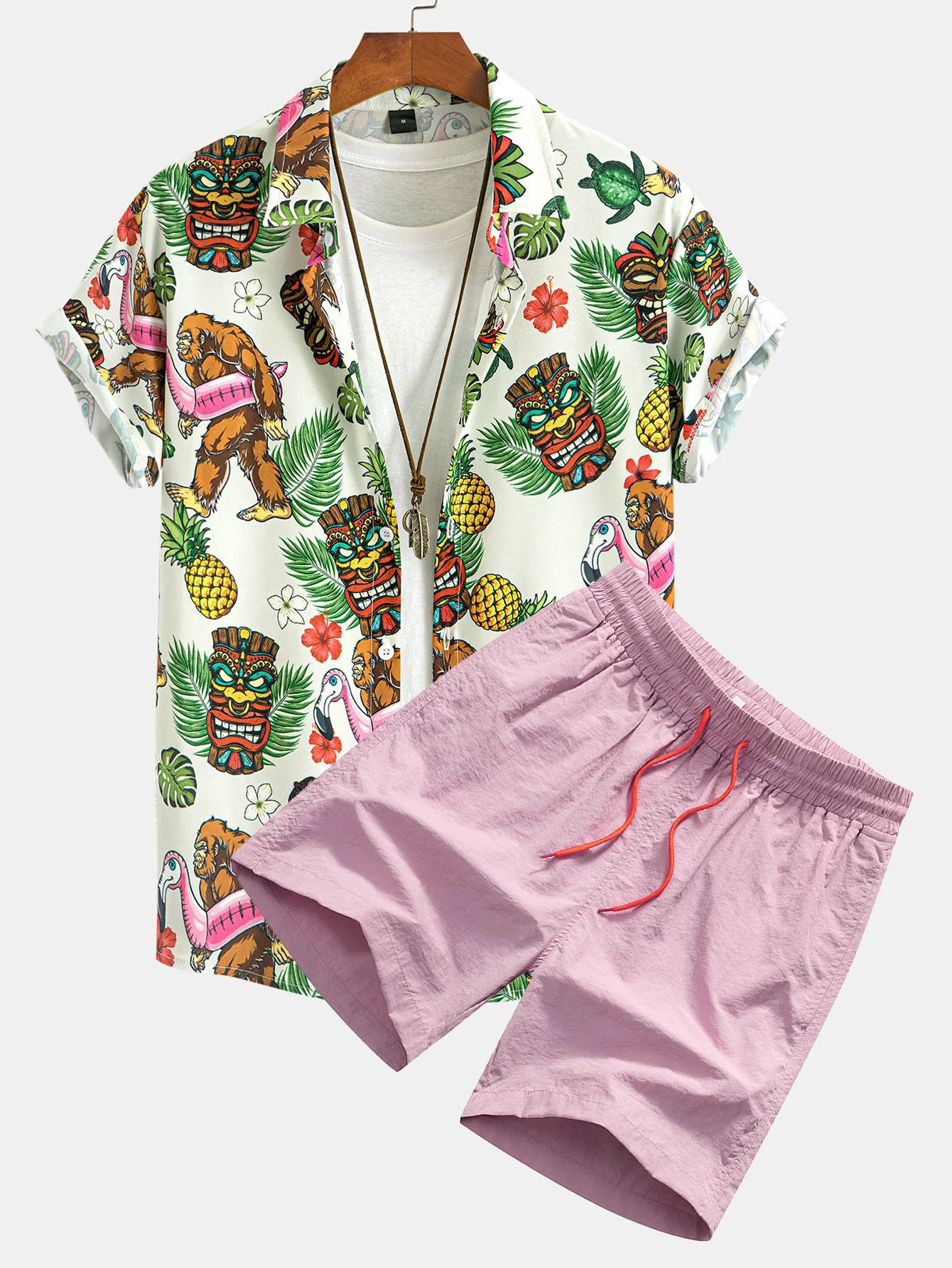 Marvin® | Tropical Tiki Bigfoot Print Button Up Shirt & Man Mid Length Drawstring Swim Shorts - Image 2