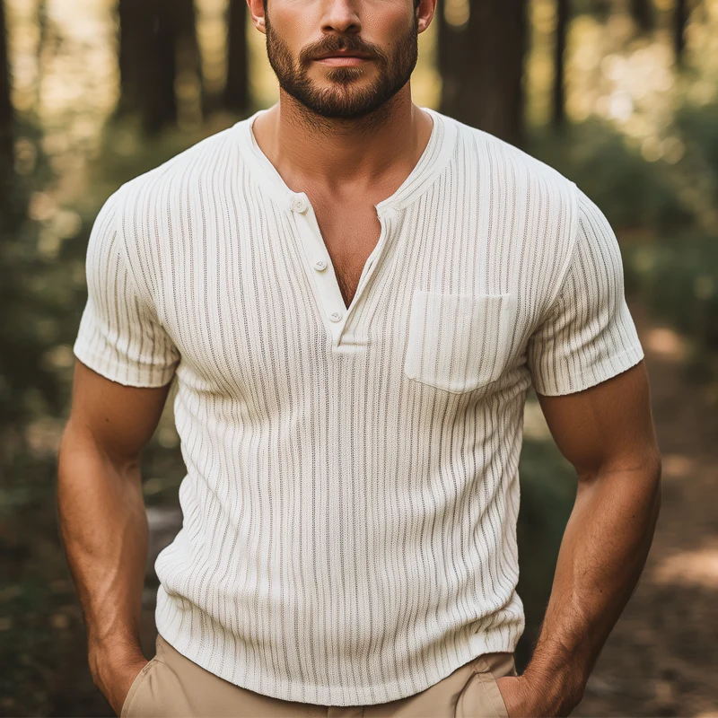 Matthew | Men'S Summer Basic Solid Color V-Neck Knitted Striped Short-Sleeved T-Shirt - Image 2