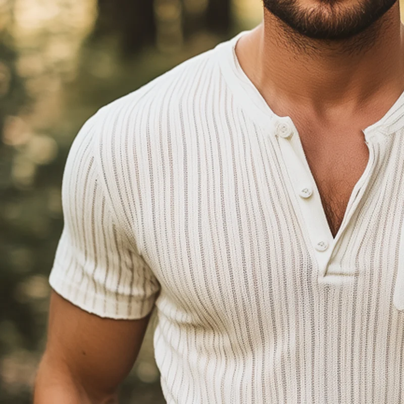 Matthew | Men'S Summer Basic Solid Color V-Neck Knitted Striped Short-Sleeved T-Shirt - Image 4