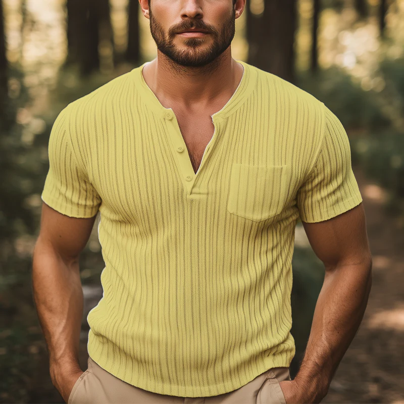 Matthew | Men'S Summer Basic Solid Color V-Neck Knitted Striped Short-Sleeved T-Shirt - Image 5