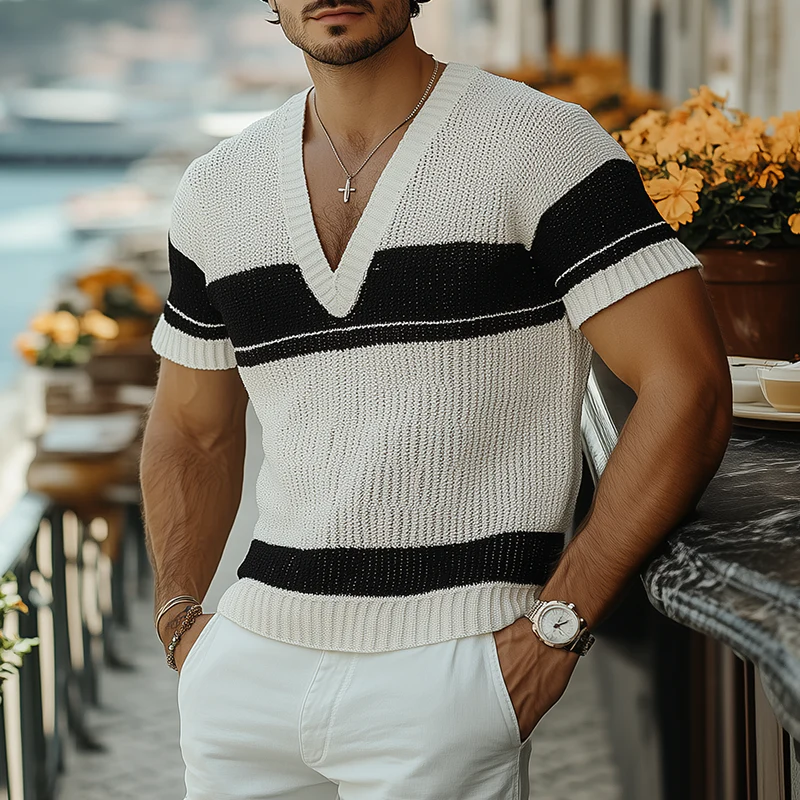 Matthew | Men'S Summer Fashion Casual V-Neck Black And White Horizontal Striped Knitted Short Sleeve T-Shirt - Image 2