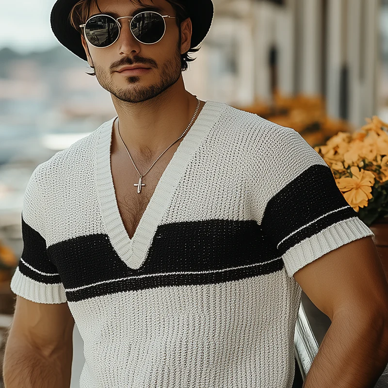 Matthew | Men'S Summer Fashion Casual V-Neck Black And White Horizontal Striped Knitted Short Sleeve T-Shirt - Image 4
