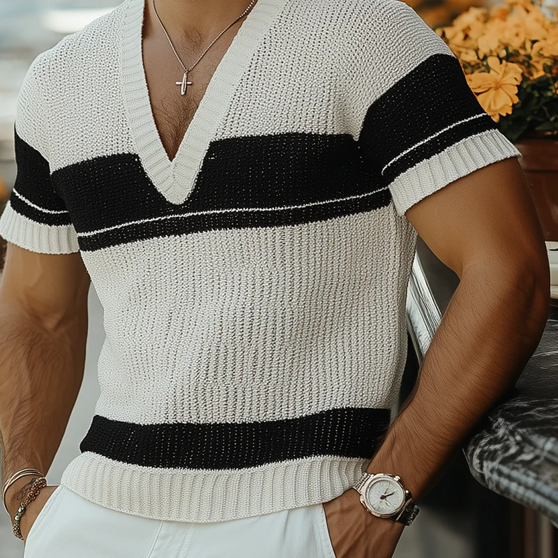 Matthew | Men'S Summer Fashion Casual V-Neck Black And White Horizontal Striped Knitted Short Sleeve T-Shirt - Image 5