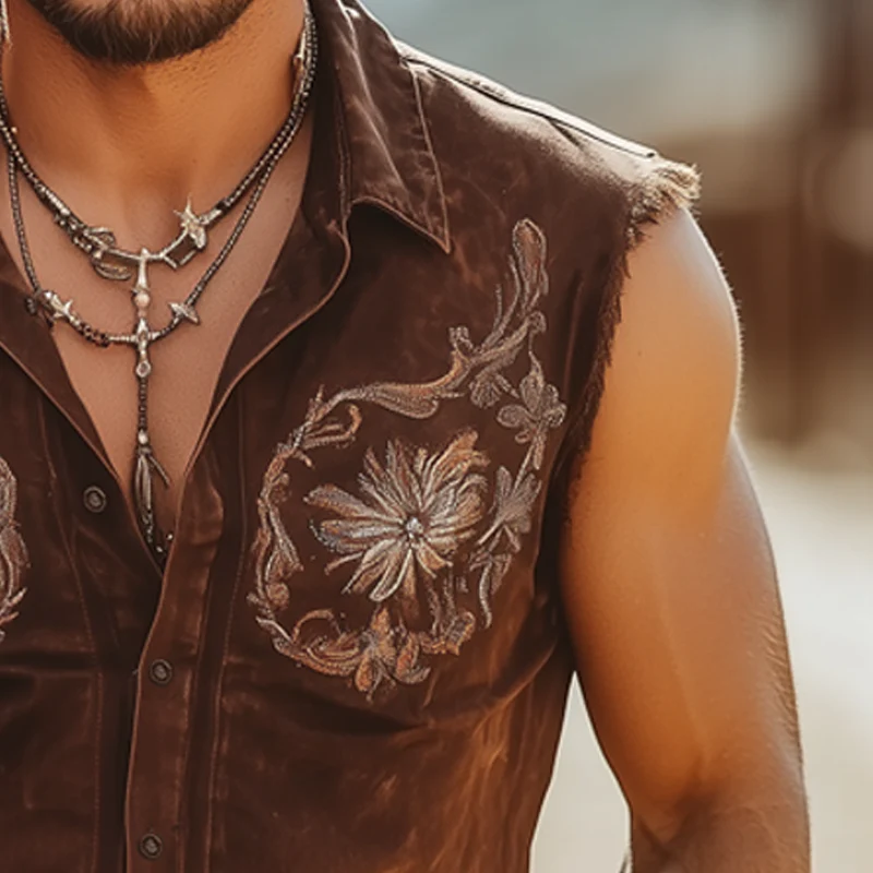 Matthew | Men'S Western Embroidered Denim Button Sleeveless Shirt - Image 4