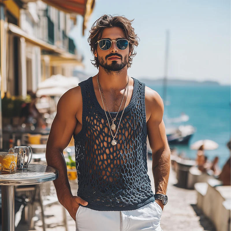 Maurice | Men'S Summer Fashion Casual U-Neck Knitted Crochet Hollow Tank Top - Image 3