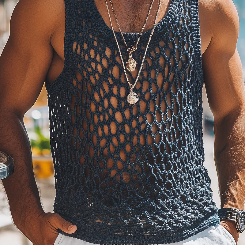 Maurice | Men'S Summer Fashion Casual U-Neck Knitted Crochet Hollow Tank Top - Image 5