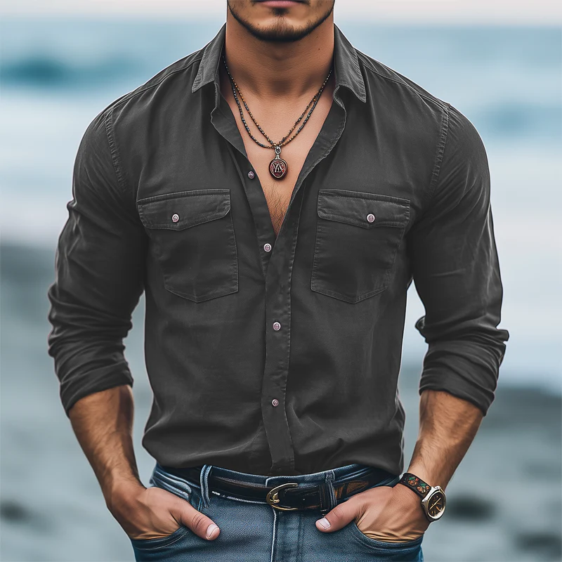 Mauricio | Men'S Basic Solid Color Cotton Long Sleeve Shirt - Image 4