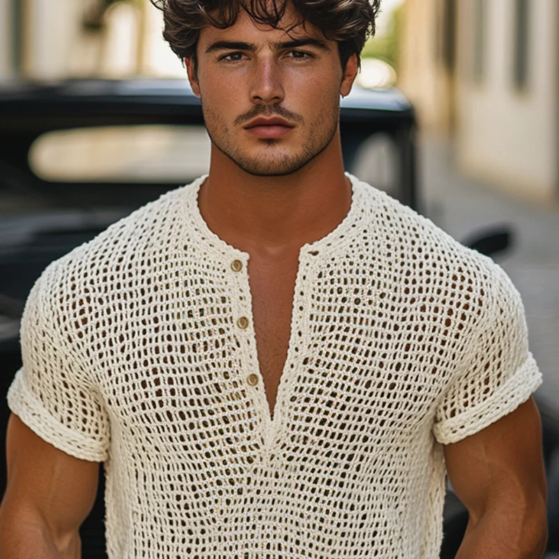 Mauricio | Men'S Solid Knit Hollow Henley Collar Short Sleeve T-Shirt - Image 4