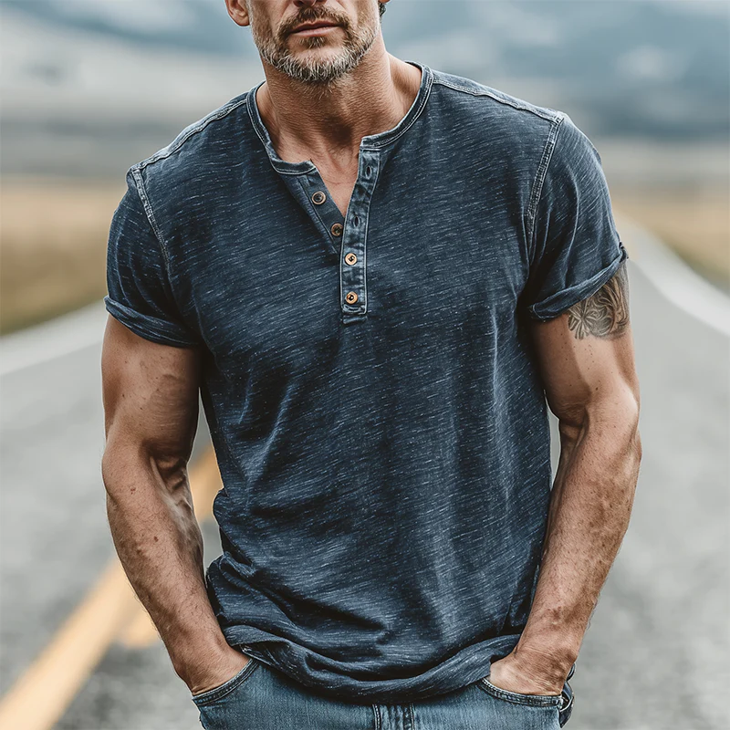 Max | Men'S Summer Casual Cotton Blend Washed Distressed Collar Stitching Denim Henry Collar Short-Sleeved T-Shirt - Image 2