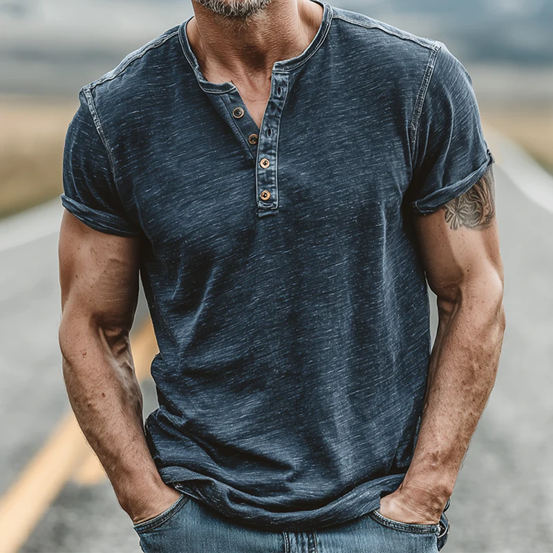 Max | Men'S Summer Casual Cotton Blend Washed Distressed Collar Stitching Denim Henry Collar Short-Sleeved T-Shirt - Image 3
