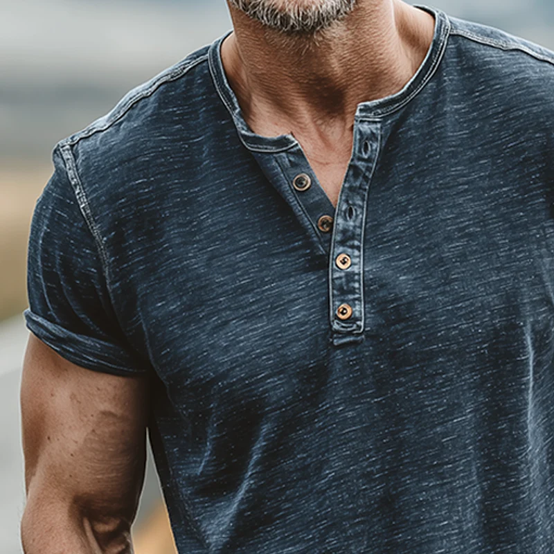 Max | Men'S Summer Casual Cotton Blend Washed Distressed Collar Stitching Denim Henry Collar Short-Sleeved T-Shirt - Image 5