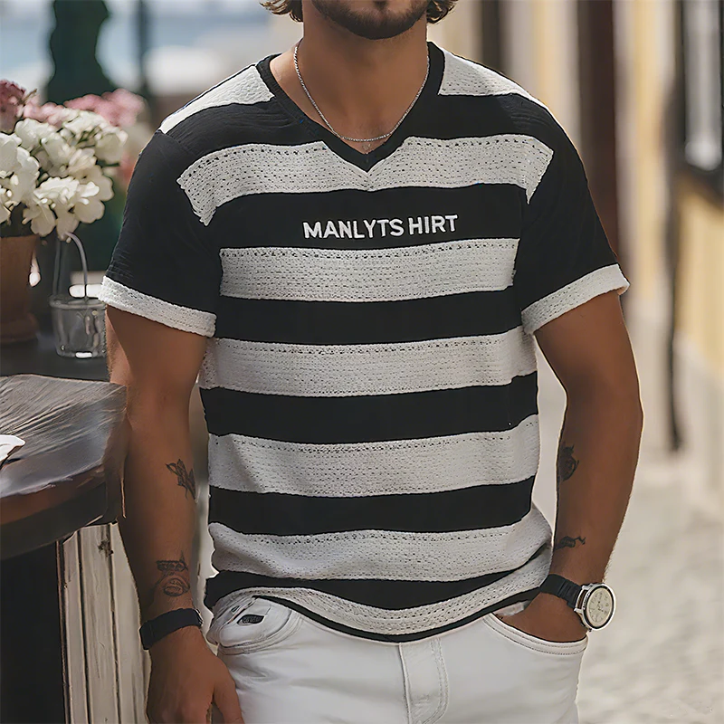 Max | Men'S Summer Fashion Casual V-Neck Knitted Black And White Horizontal Stripes Letter Embroidered Short-Sleeved T-Shirt - Image 2