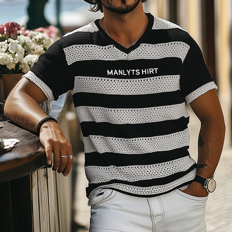 Max | Men'S Summer Fashion Casual V-Neck Knitted Black And White Horizontal Stripes Letter Embroidered Short-Sleeved T-Shirt - Image 3