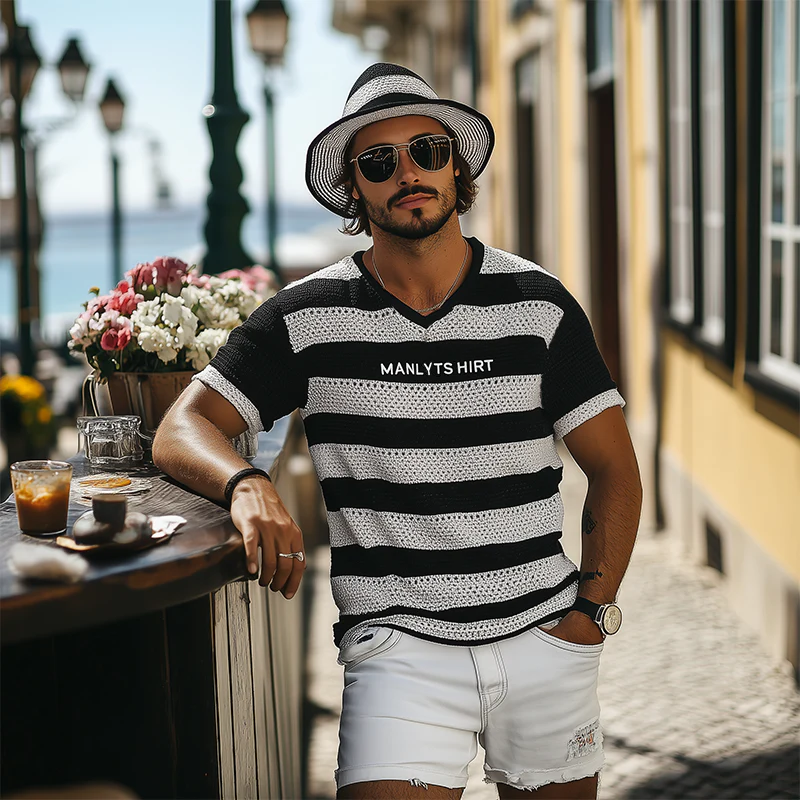 Max | Men'S Summer Fashion Casual V-Neck Knitted Black And White Horizontal Stripes Letter Embroidered Short-Sleeved T-Shirt - Image 5