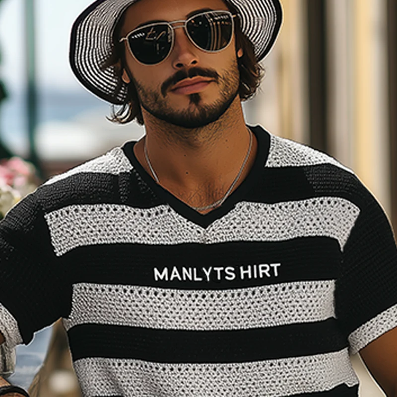 Max | Men'S Summer Fashion Casual V-Neck Knitted Black And White Horizontal Stripes Letter Embroidered Short-Sleeved T-Shirt - Image 6