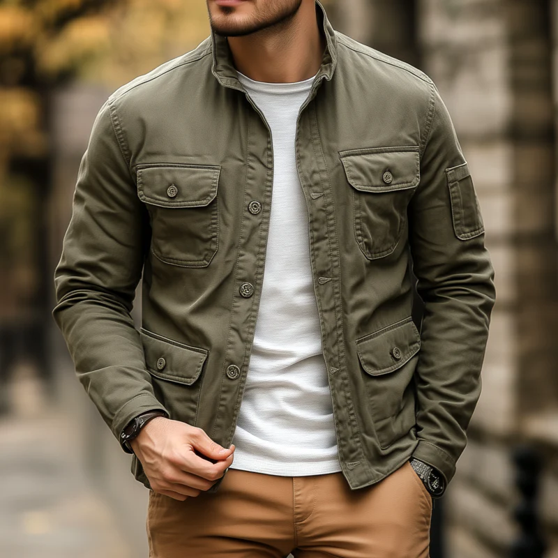 Maximiliano | Men'S Casual Outdoor Solid Color Breathable Cotton Washed Stand Collar Multi-Pocket Workwear Jacket - Image 2