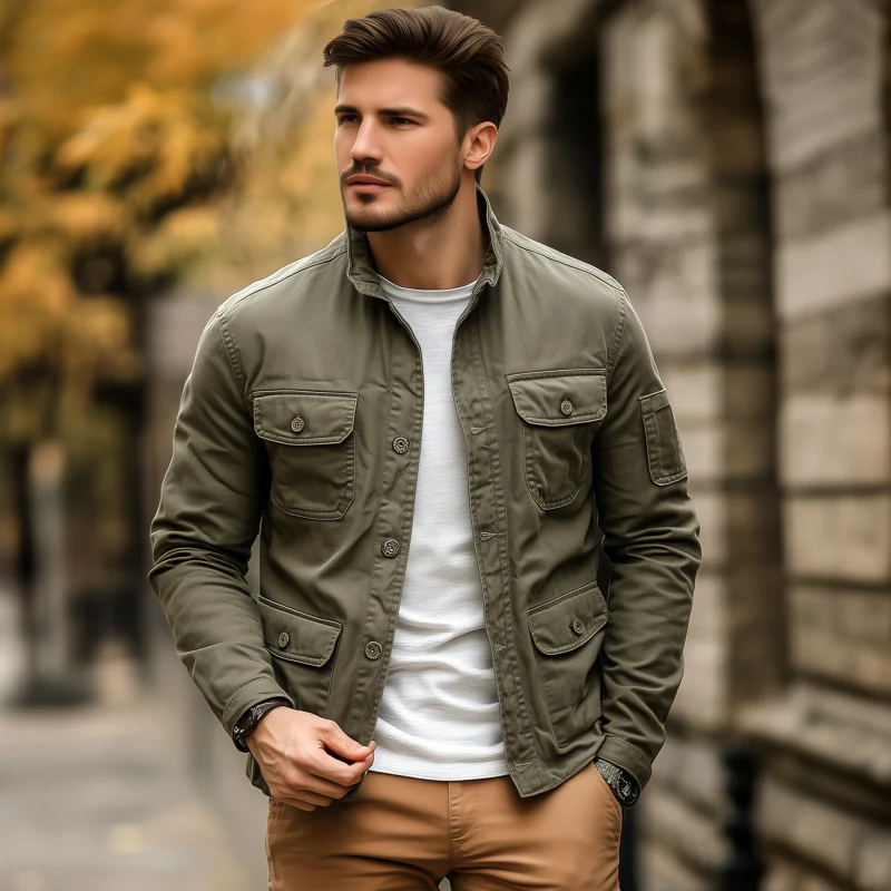 Maximiliano | Men'S Casual Outdoor Solid Color Breathable Cotton Washed Stand Collar Multi-Pocket Workwear Jacket - Image 3