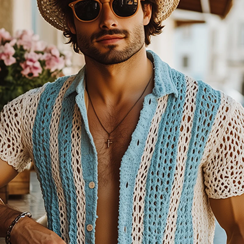 Melvin | Men'S Summer Fashion Casual Knitted Hollow Vertical Striped Short-Sleeved Shirt - Image 4