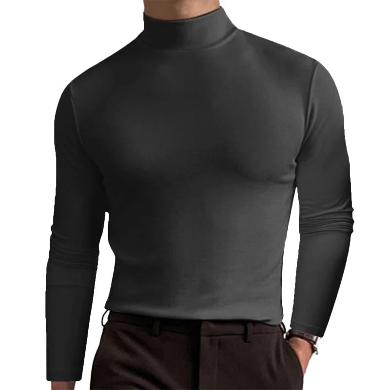 Men Casal Solid Color Fitted High Neck Long Sleeve T-Shirt - Image 2