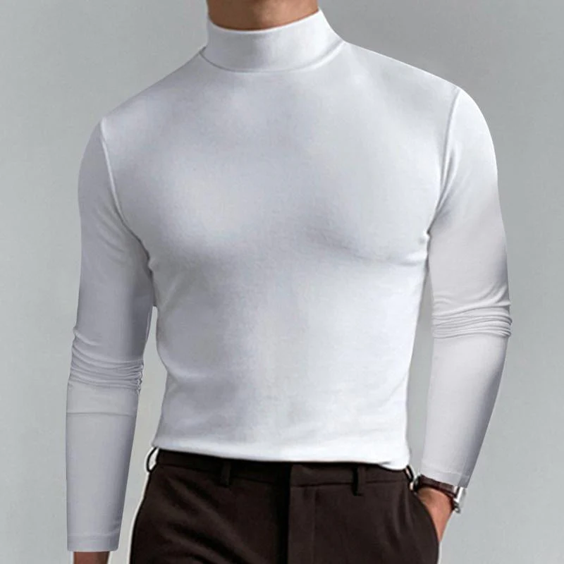 Men Casal Solid Color Fitted High Neck Long Sleeve T-Shirt - Image 3