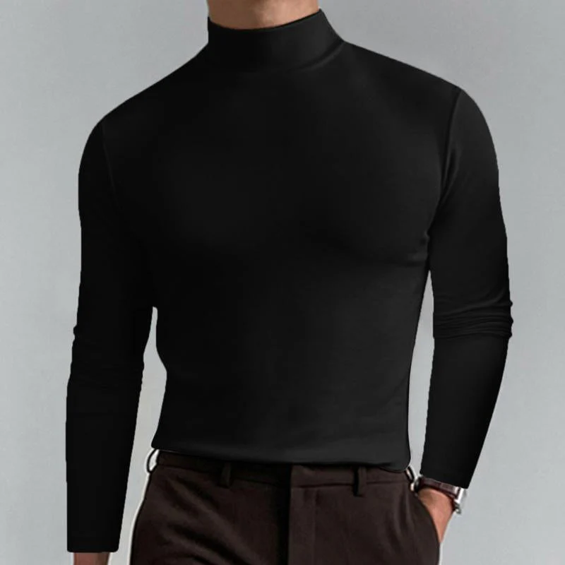 Men Casal Solid Color Fitted High Neck Long Sleeve T-Shirt - Image 5