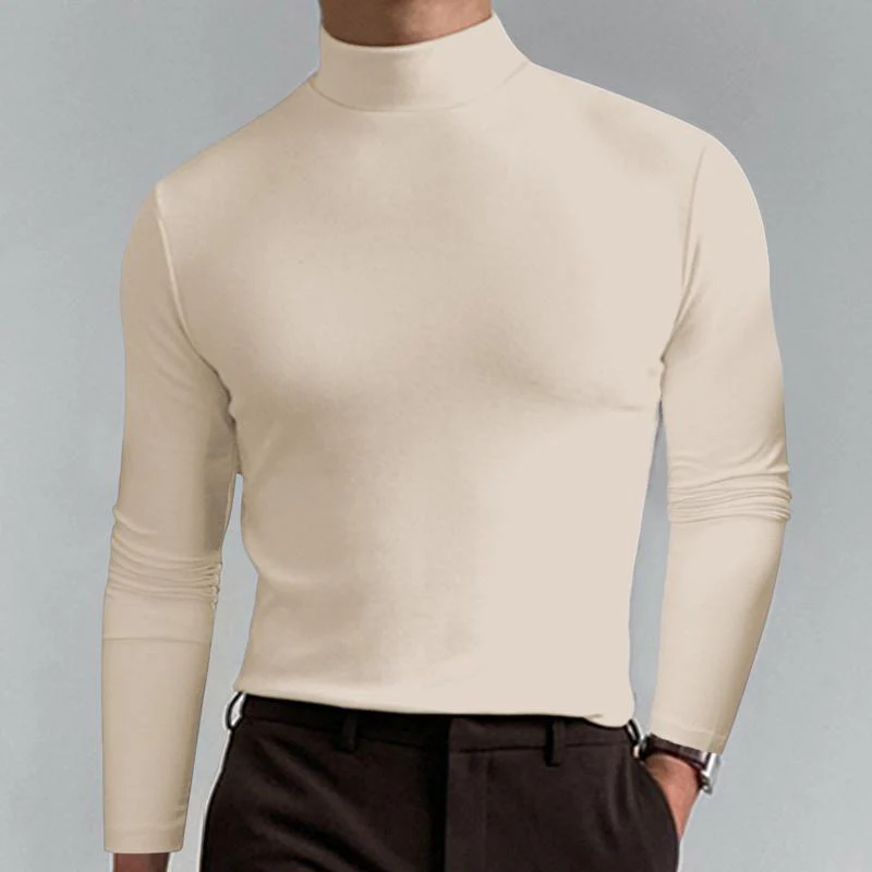 Men Casal Solid Color Fitted High Neck Long Sleeve T-Shirt - Image 6