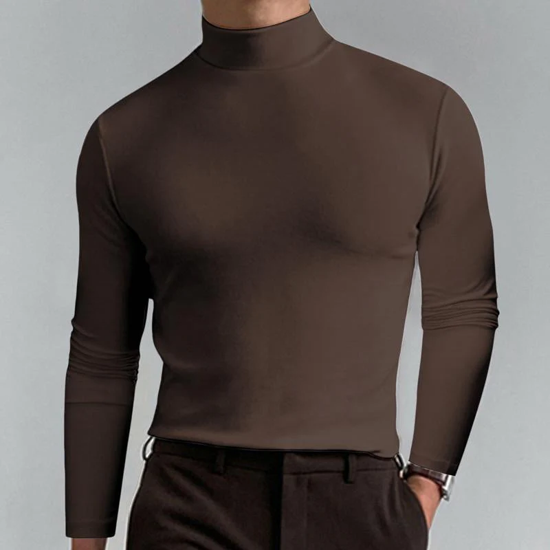 Men Casal Solid Color Fitted High Neck Long Sleeve T-Shirt - Image 7