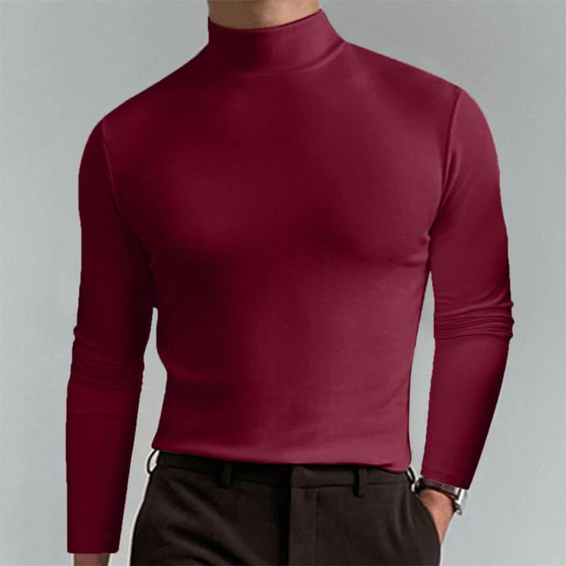 Men Casal Solid Color Fitted High Neck Long Sleeve T-Shirt - Image 8
