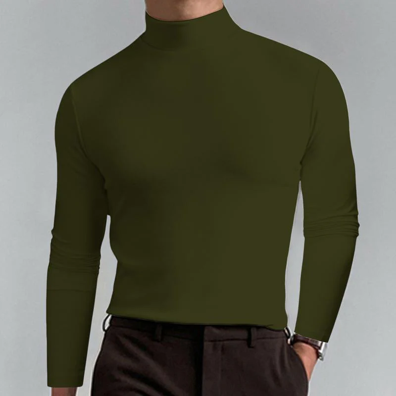 Men Casal Solid Color Fitted High Neck Long Sleeve T-Shirt - Image 9