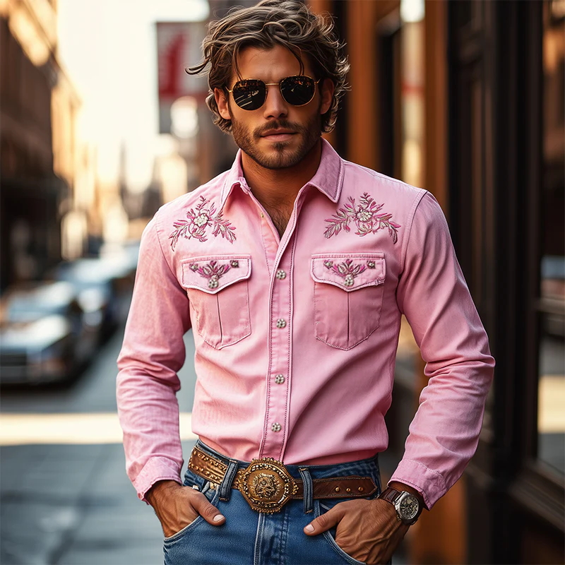 Men's American Retro Western Style Cotn Blend Embroidered Long Sleeve Shirt - Image 2