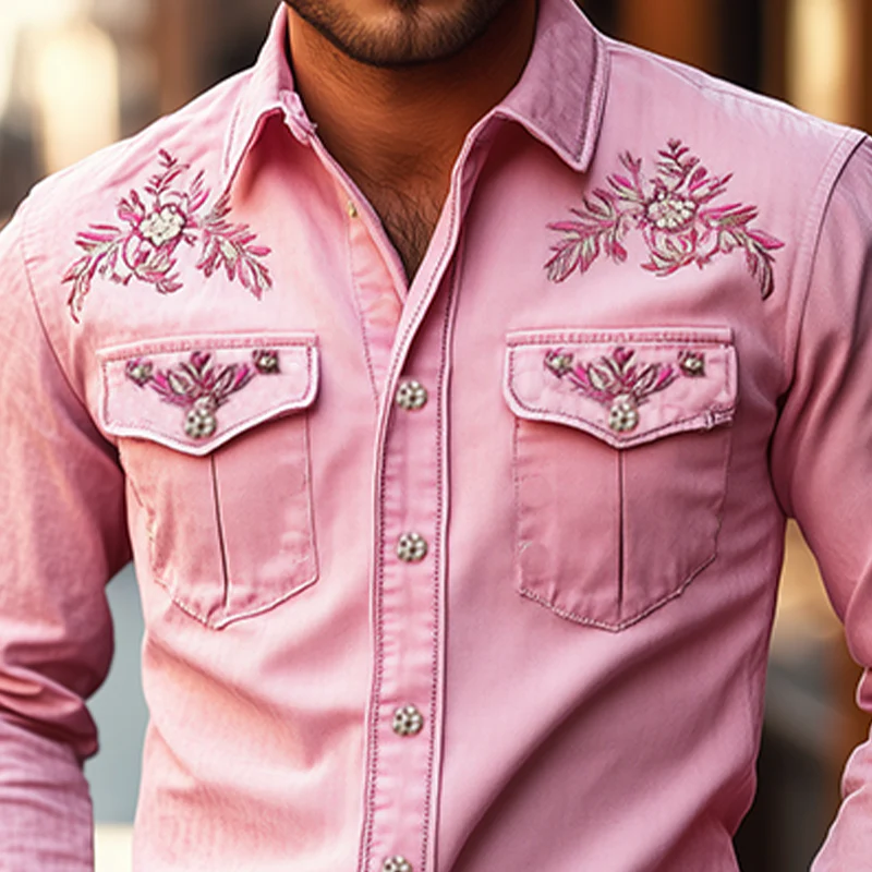 Men's American Retro Western Style Cotn Blend Embroidered Long Sleeve Shirt - Image 3