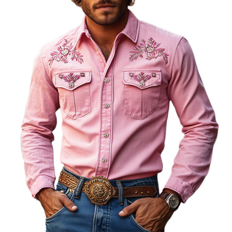 Men's American Retro Western Style Cotn Blend Embroidered Long Sleeve Shirt - Image 7